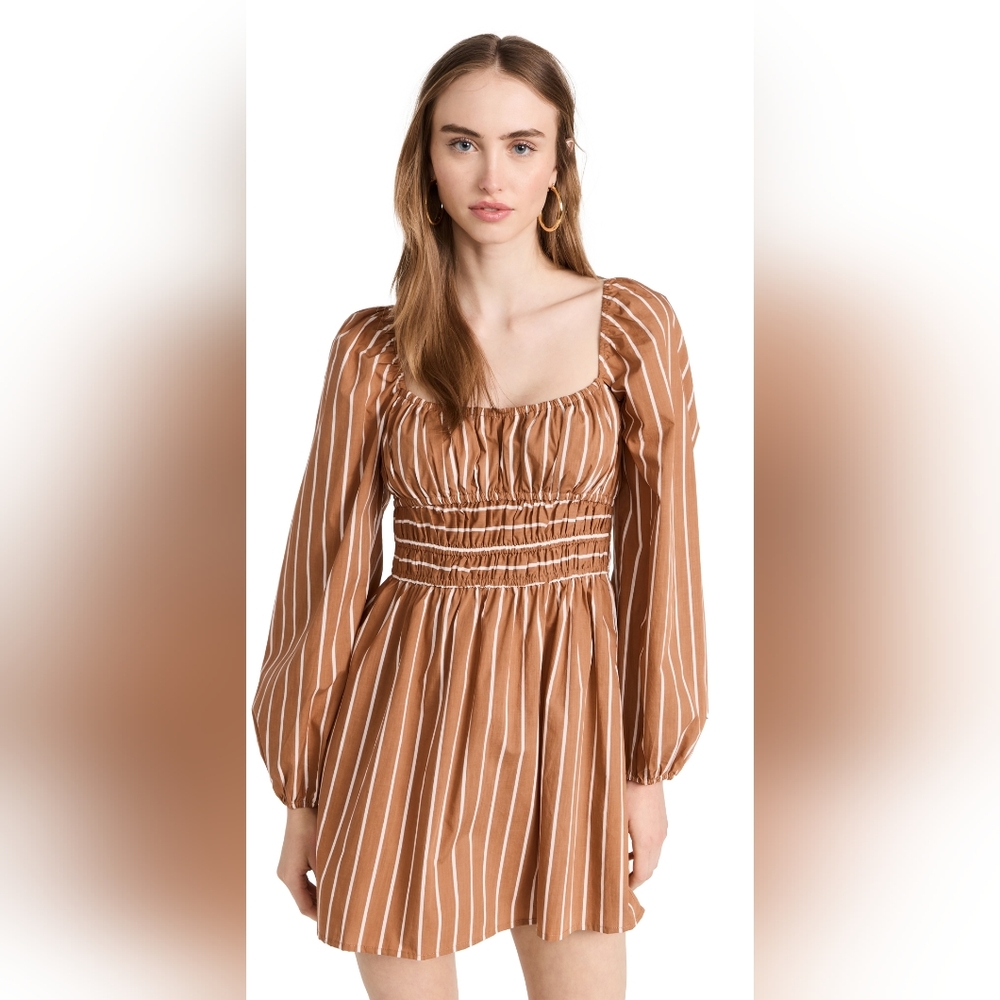 Faithfull the Brand Paloma long sleeve mini dress in Adia Stripe Hazelnut